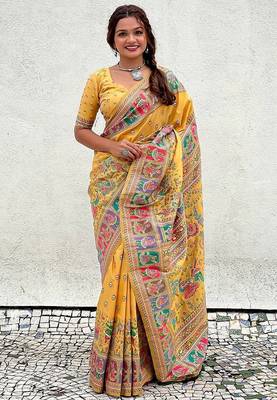 yellow silk blend saree with kashmiri woven work 3