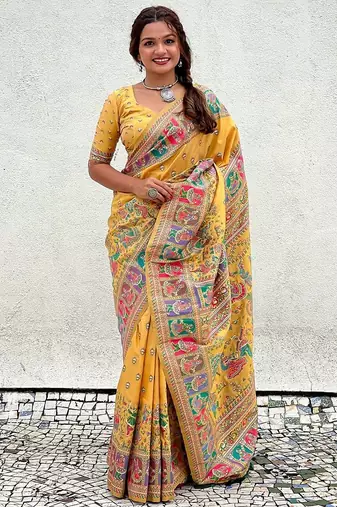 yellow silk blend saree with kashmiri woven work