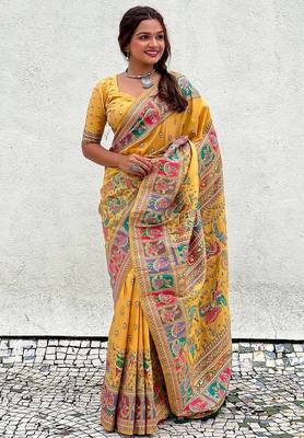 yellow silk blend saree with kashmiri woven work 4