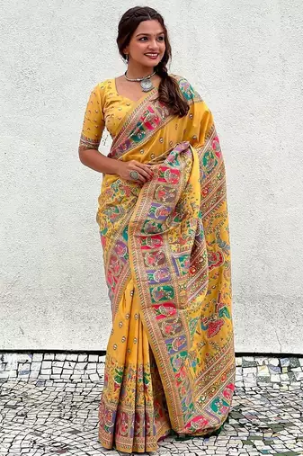 yellow silk blend saree with kashmiri woven work