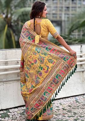 yellow silk blend saree with kashmiri woven work 5