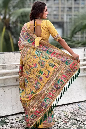 yellow silk blend saree with kashmiri woven work