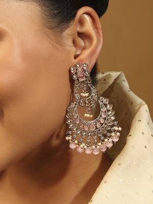 pink alloy earrings with kundan stones and pearl accents 2