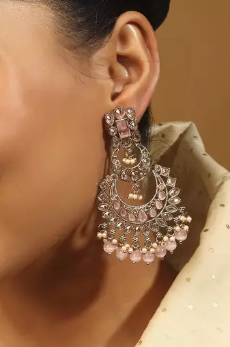 pink alloy earrings with kundan stones and pearl accents
