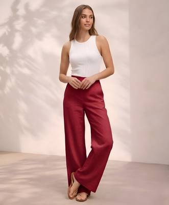 Red casual linen blend straight fit pants 1