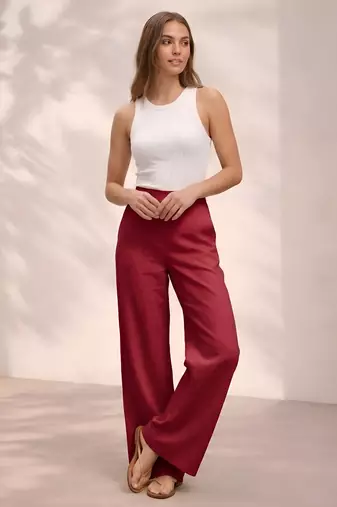 Red casual linen blend straight fit pants