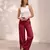 Red casual linen blend straight fit pants
