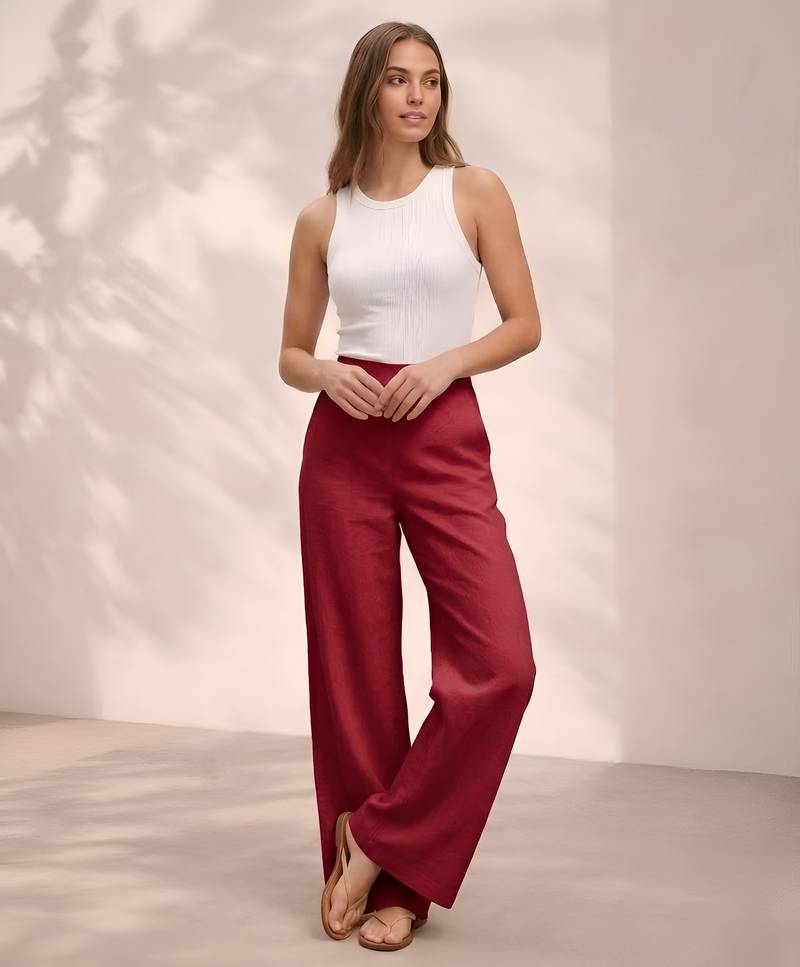 Red casual linen blend straight fit pants