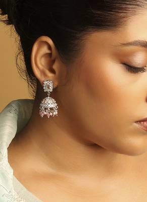 pink alloy jhumki earrings with silver plated kundan work 6