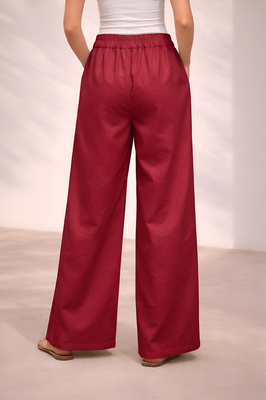 Red casual linen blend straight fit pants 2