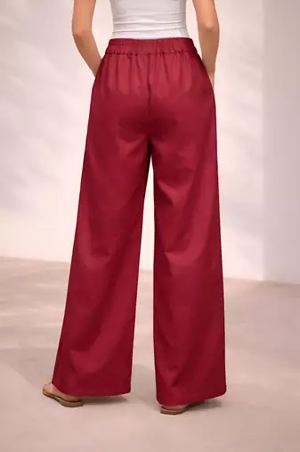 Red casual linen blend straight fit pants