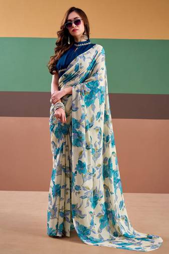 sky blue satin silk saree with floral print