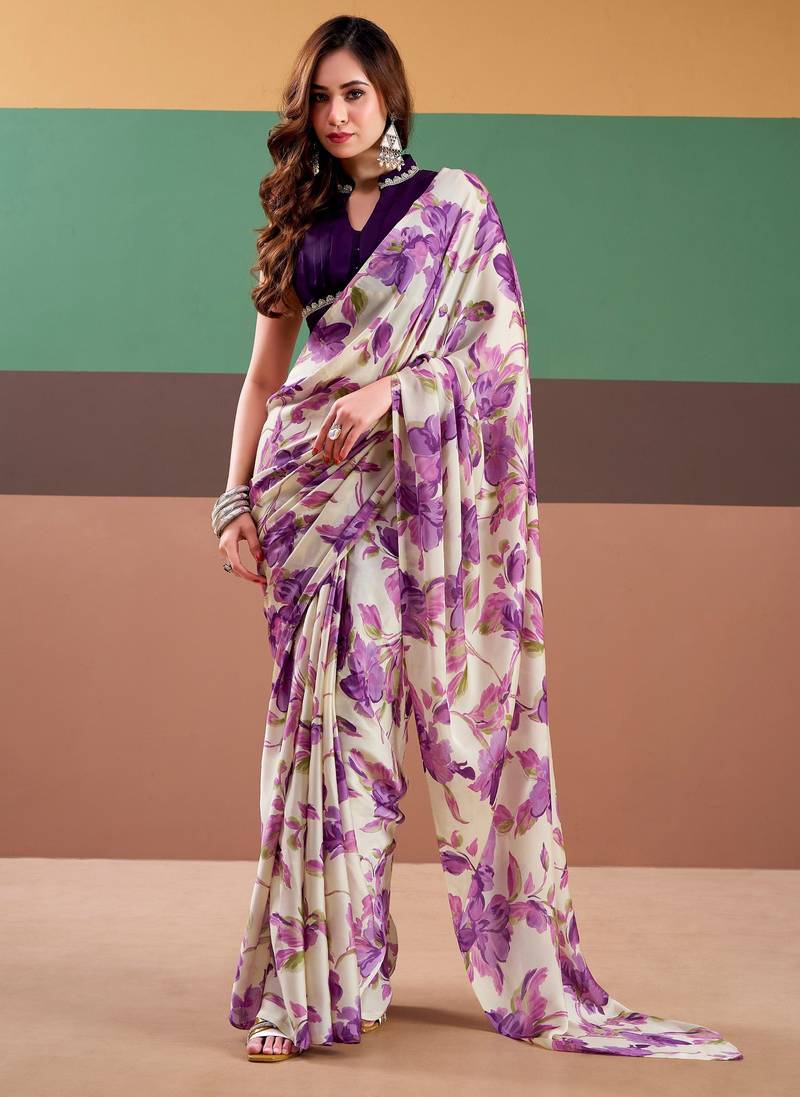 Purple color Floral Printe  Satin Silk Saree