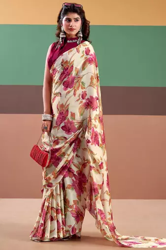 pink color Floral Printe  Satin Silk Saree