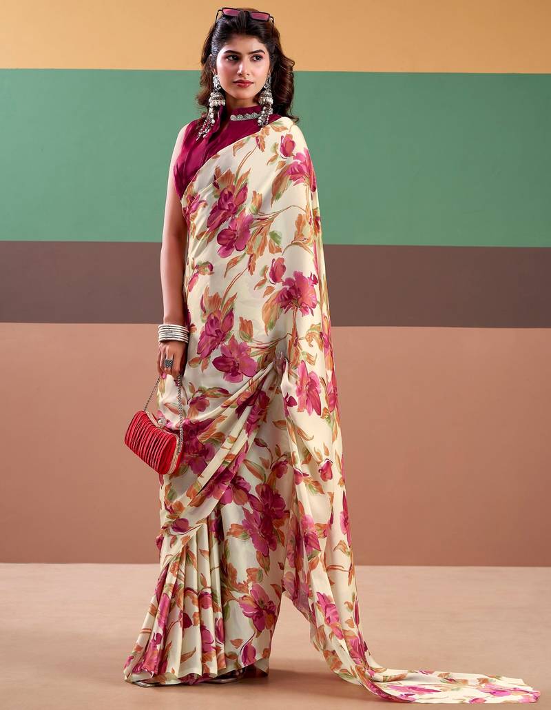 pink color Floral Printe  Satin Silk Saree