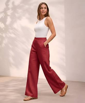 Red casual linen blend straight fit pants 3