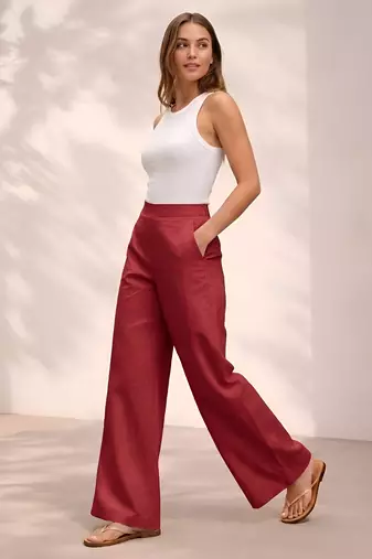 Red casual linen blend straight fit pants