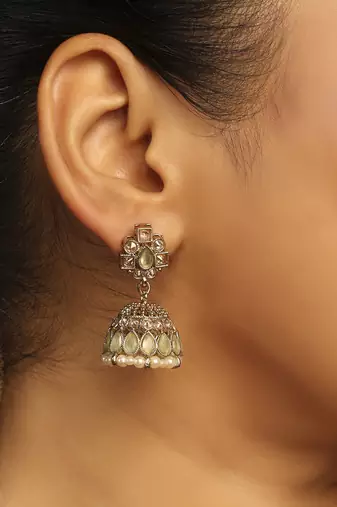sky blue alloy jhumki with antique gold kundan stones