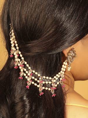 red alloy ear chain with kundan stone and pearl work 2
