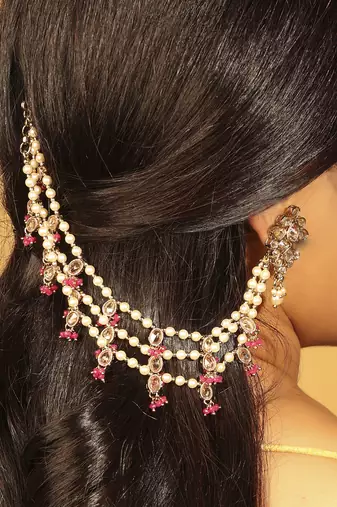 red alloy ear chain with kundan stone and pearl work