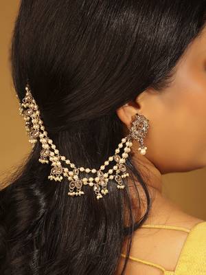 white alloy ear chain with kundan pearl antique gold work 2