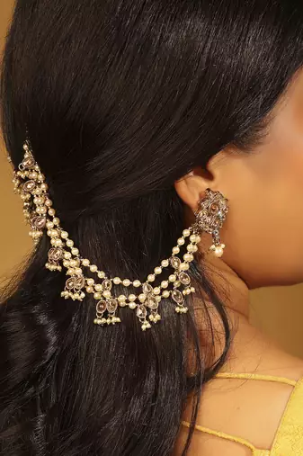 white alloy ear chain with kundan pearl antique gold work