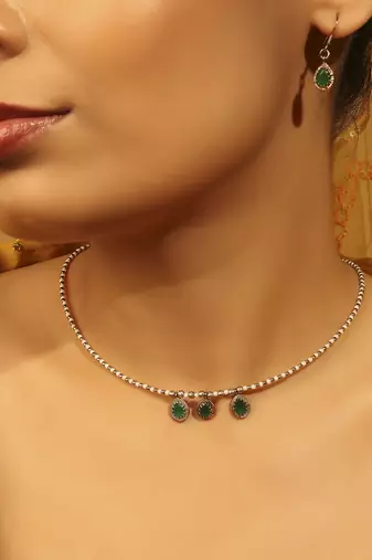 gold plated green crystal pearl matinee necklace set