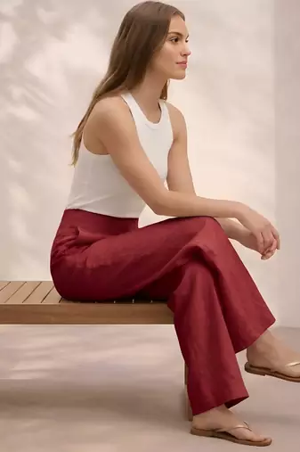 Red casual linen blend straight fit pants