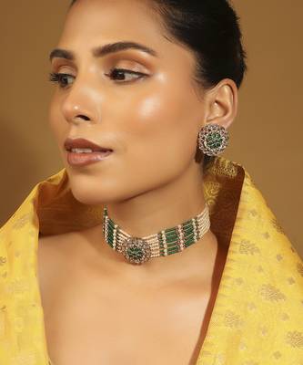 pearl & green stone silver plated floral choker set 4