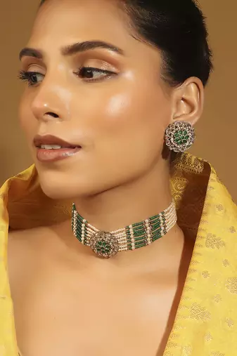 pearl & green stone silver plated floral choker set