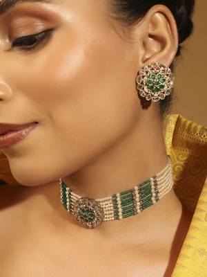 pearl & green stone silver plated floral choker set 5