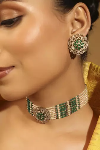 pearl & green stone silver plated floral choker set