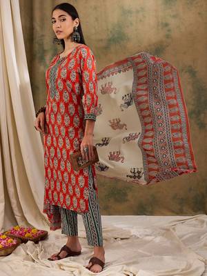 Brown floral block print cotton straight kurta pant dupatta set 1