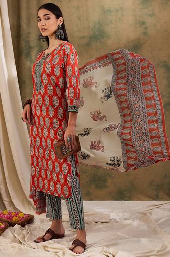 Brown floral block print cotton straight kurta pant dupatta set