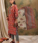 Brown floral block print cotton straight kurta pant dupatta set