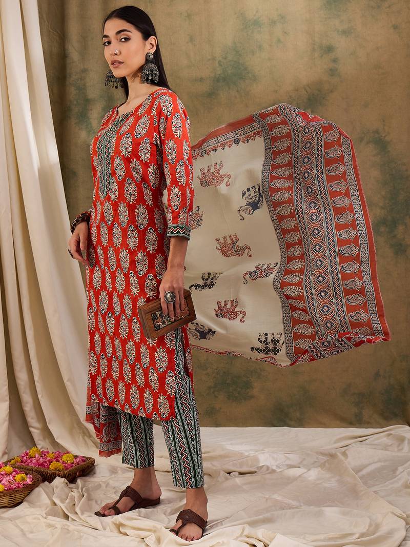 Brown floral block print cotton straight kurta pant dupatta set