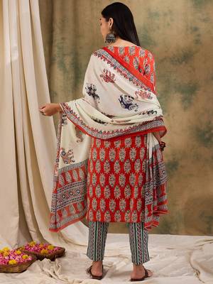 Brown floral block print cotton straight kurta pant dupatta set 2