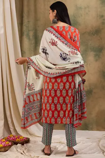 Brown floral block print cotton straight kurta pant dupatta set
