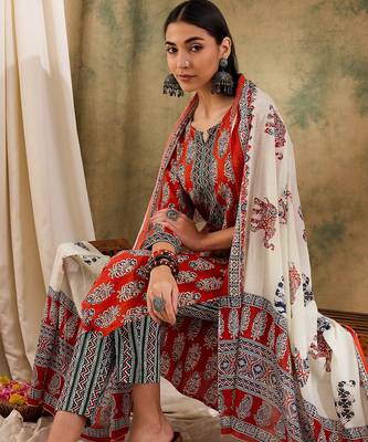 Brown floral block print cotton straight kurta pant dupatta set 5