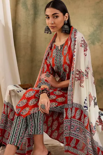 Brown floral block print cotton straight kurta pant dupatta set