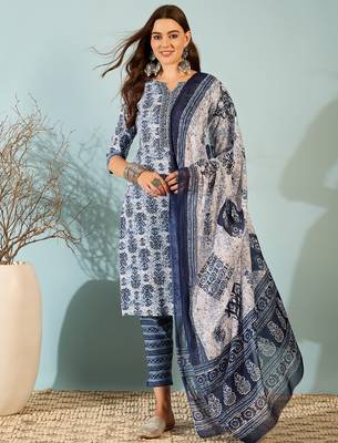 Blue floral block print cotton straight kurta pant dupatta set 1
