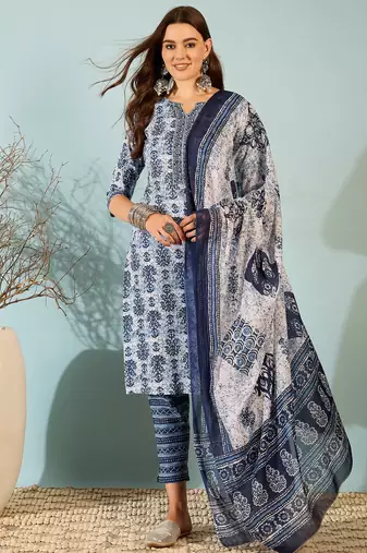 Blue floral block print cotton straight kurta pant dupatta set