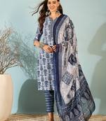 Blue floral block print cotton straight kurta pant dupatta set