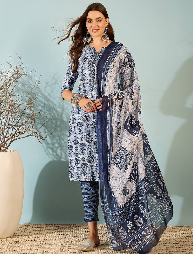 Blue floral block print cotton straight kurta pant dupatta set