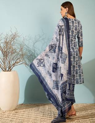 Blue floral block print cotton straight kurta pant dupatta set 2