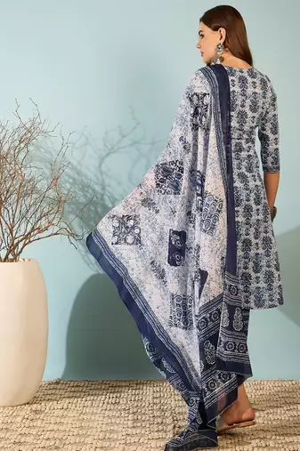 Blue floral block print cotton straight kurta pant dupatta set