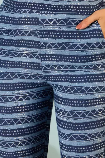 Blue floral block print cotton straight kurta pant dupatta set