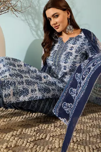 Blue floral block print cotton straight kurta pant dupatta set