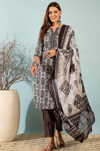 Brown ethnic block print cotton straight kurta pant dupatta set