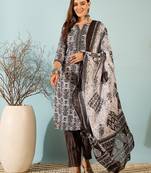 Brown ethnic block print cotton straight kurta pant dupatta set